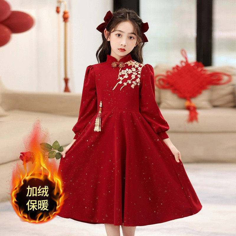 女童秋冬季加绒连衣裙儿童拜年服新中式喜庆洋气新年公主裙