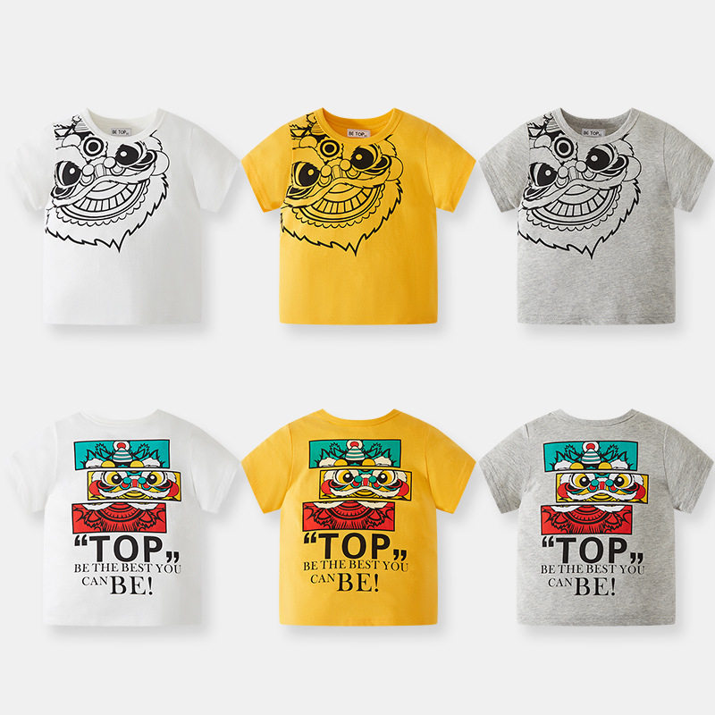 2025新款童装夏季儿童短袖t恤薄款男童个性上衣卡通醒狮印花半袖