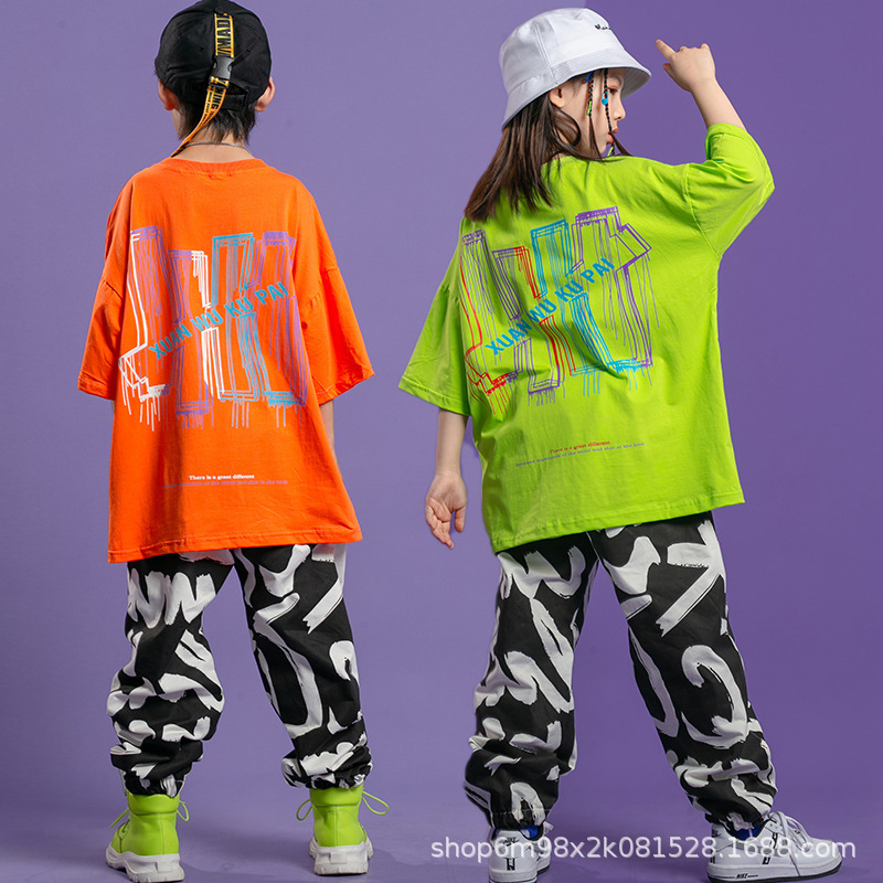 儿童街舞爵士表演服夏季短袖现货女棉绿色  练功服装