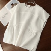 新减龄重工花边荷叶摆宽松圆领上衣女衬衫 清爽亚麻 26春夏季