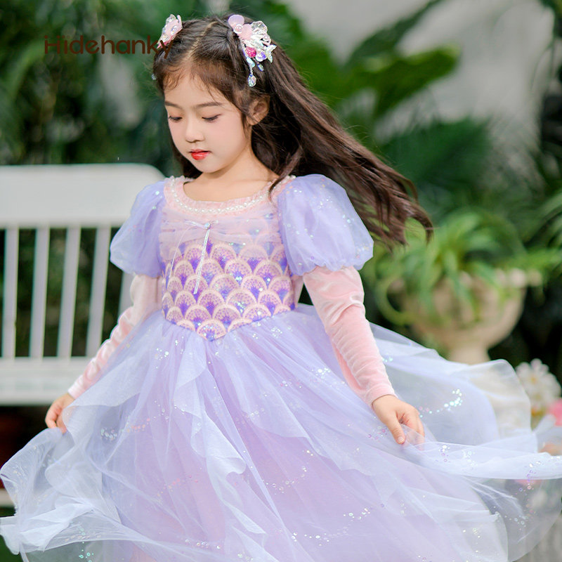 丢手绢童装美人鱼公主裙女童连衣裙长袖儿童裙子加绒秋冬生日礼服