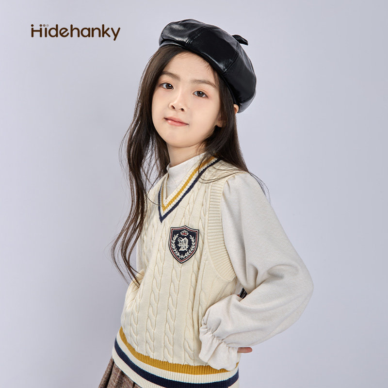 丢手绢童装英伦风学院针织马甲春秋毛衣男女童V领背心外搭上衣