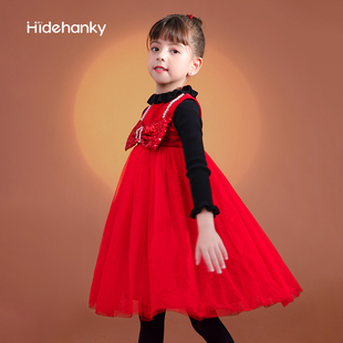 丢手绢女童背心裙秋冬无袖连衣裙红色丝绒礼服女宝宝过年新年衣服