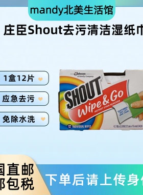 美国直邮 庄臣SHOUT衣物去污湿纸巾即时去渍免洗清洁湿巾便携12片