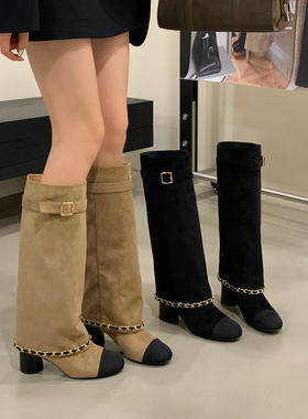 高跟拼色小香风高筒靴女