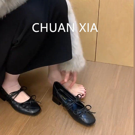 羊皮版！黑色高级感高跟鞋女气质蝴蝶结圆头包鞋真皮粗跟玛丽珍鞋