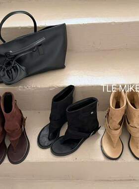 TLE MIKELIN 韩版磨砂皮短筒时装靴女粗跟尖头皮带扣显瘦百搭短靴