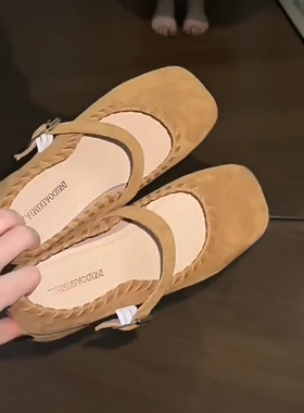 羊皮版~复古绒面玛丽珍鞋女真皮方头粗跟单鞋晚晚风配裙子高跟鞋