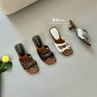 ALIGUIFEI 2926韩式温柔风蝴蝶结一字露趾凉拖鞋女外穿仙女风拖鞋