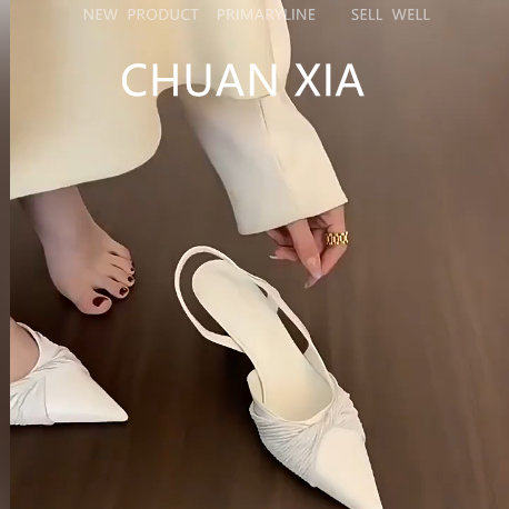 羊皮版！白色高级感细跟包头凉鞋女真皮褶皱高跟鞋配裙子尖头包鞋
