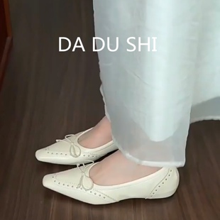 羊皮版~白色铆钉蝴蝶结包鞋女内增高软底玛丽珍方头软底通勤瓢鞋