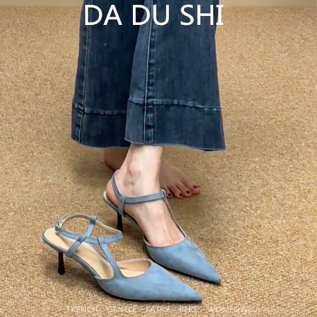羊皮版！绝美仙女风尖头高跟鞋女绒面包头凉鞋小众设计感细跟单鞋
