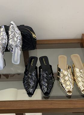 Dishabeini 2026复古风编织尖头包头半拖鞋女外穿低跟浅口穆勤鞋