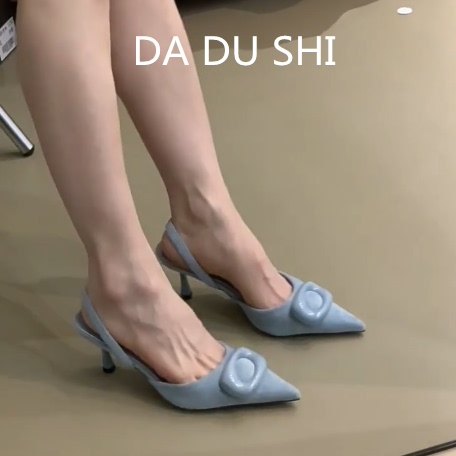 羊皮版~韩系名媛风尖头包鞋女细跟後绊带高跟鞋浅口方扣包头凉鞋,女鞋,时装凉鞋,淘宝优惠券,粉丝福利购,淘宝优惠卷