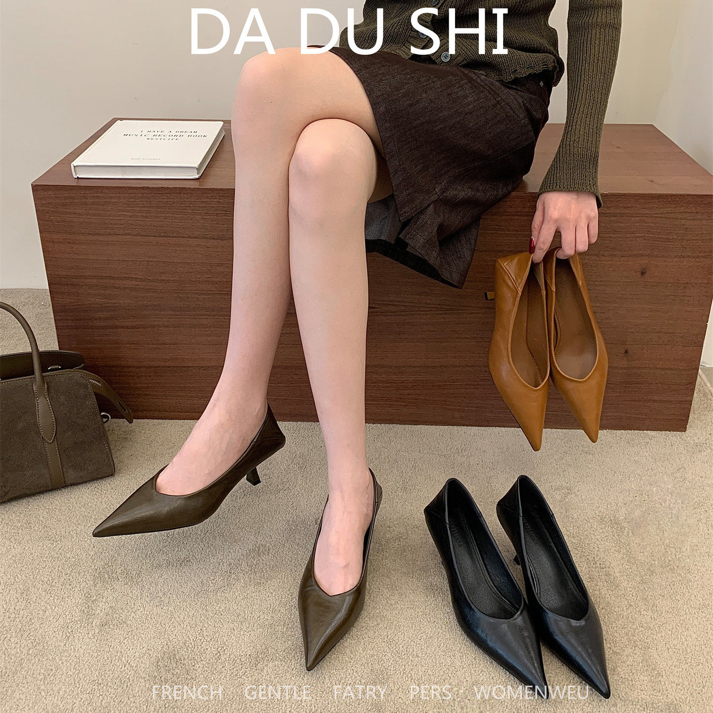 法式尖头浅口单鞋女中跟