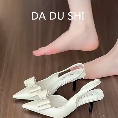 羊皮版~韩系仙女风包头凉鞋女蝴蝶结尖头高跟鞋细跟浅口性感单鞋,女鞋,时装凉鞋,淘宝优惠券,粉丝福利购,淘宝优惠卷