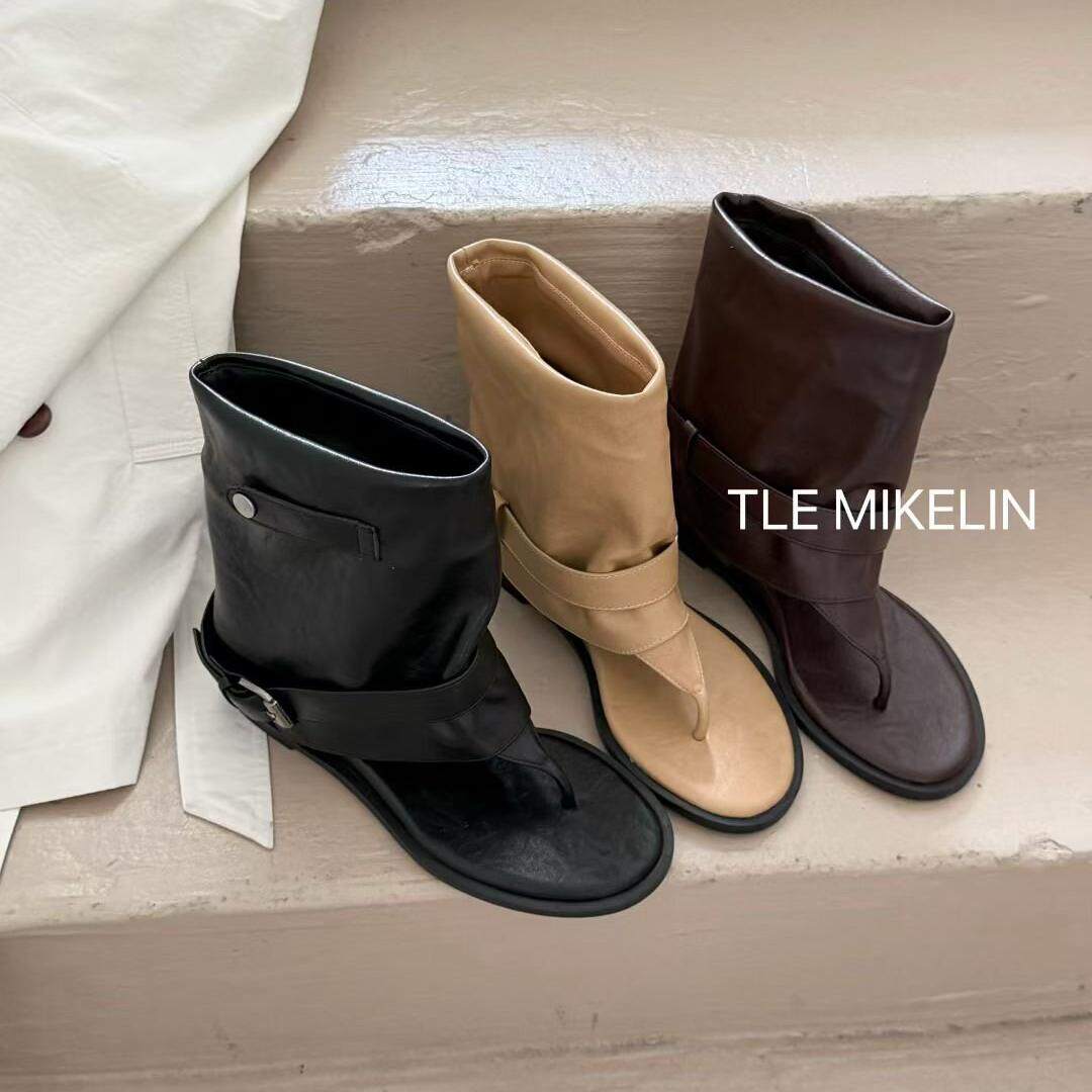 TLE MIKELIN 韩版磨砂皮带扣夹趾凉靴女2026新款百搭短筒时装靴 - 实物图