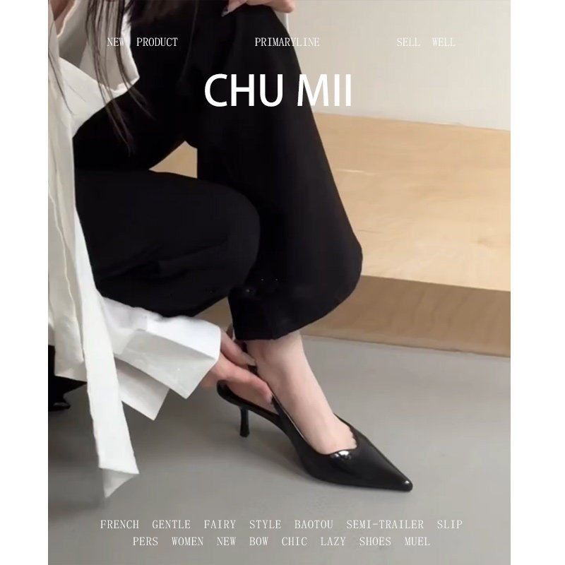 羊皮版~法式黑色高跟鞋女复古漆皮尖头包头凉鞋气质细跟后空单鞋