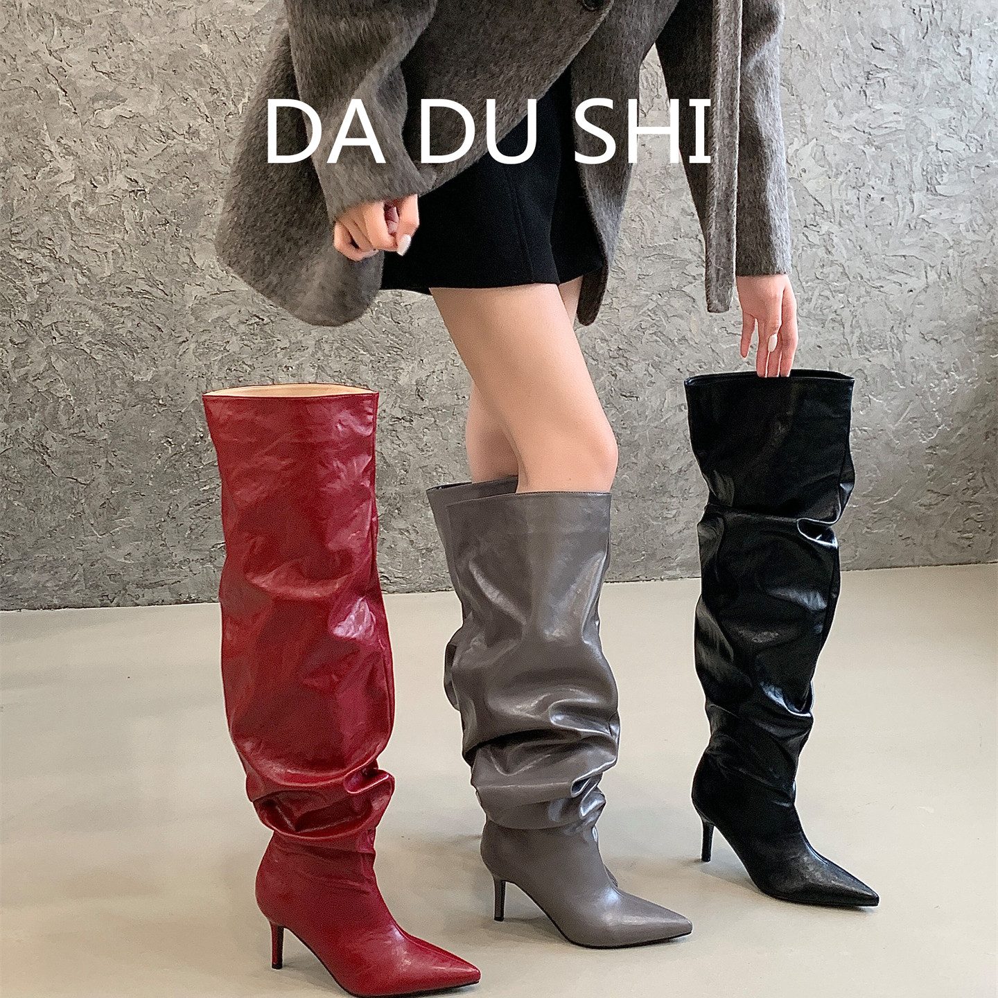 欧美风尖头堆堆靴女秋冬2