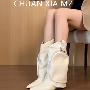 羊皮版！白色真皮尖头裤管靴女性感侧拉链中筒靴高级感坡跟骑士靴