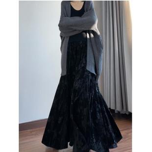 读衣术加厚金丝绒印花半身裙 步步生莲鱼尾裙 国风丝绒到脚踝长裙