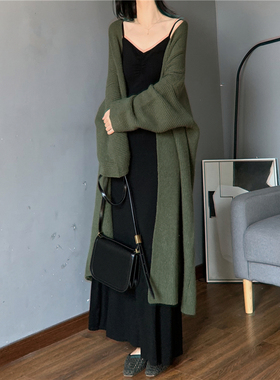 慵懒风厚实长款过膝大毛衣开衫 宽松大版高级感外搭针织大衣外套