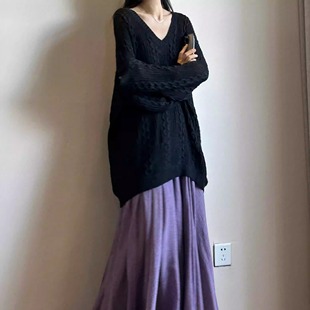 读衣术初秋薄款镂空针织衫 慵懒风松弛感毛衣黑色宽松遮屁股上衣