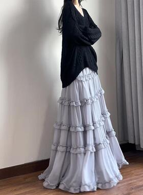 读衣术独特绝美灰色半身裙 新款木耳边长裙 松紧腰雪纺层层蛋糕裙