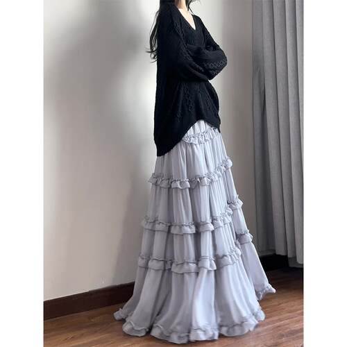 读衣术绝美雪纺木耳边长款蛋糕裙