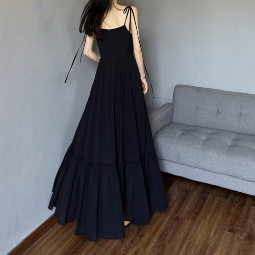 U领背心裙雪纺纯色绑带拼接大摆