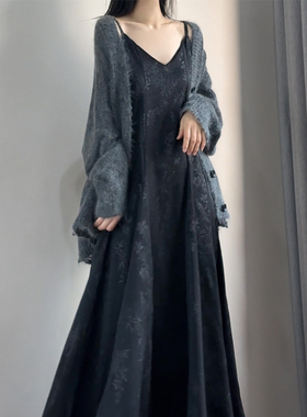 读衣术慵懒风软糯毛边针织开衫女 灰色松弛感百搭中长款毛衣外套