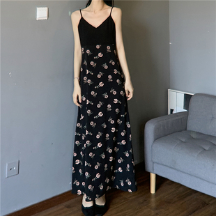 拼接轻熟风雪纺吊带裙 宽松翠花长裙子 茶歇黑色印花设计感连衣裙