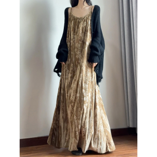 读衣术微胖遮肉宽松直筒吊带裙新中式旗袍风长裙金丝绒国风连衣裙