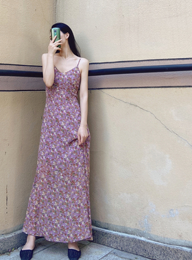 泫雅紫色雪纺连衣裙 夏长款过脚踝翠花裙 油画性感V领碎花吊带裙