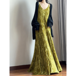 读衣术轻奢外穿吊带长裙复古及踝新中式国风丝绒提花加长款连衣裙