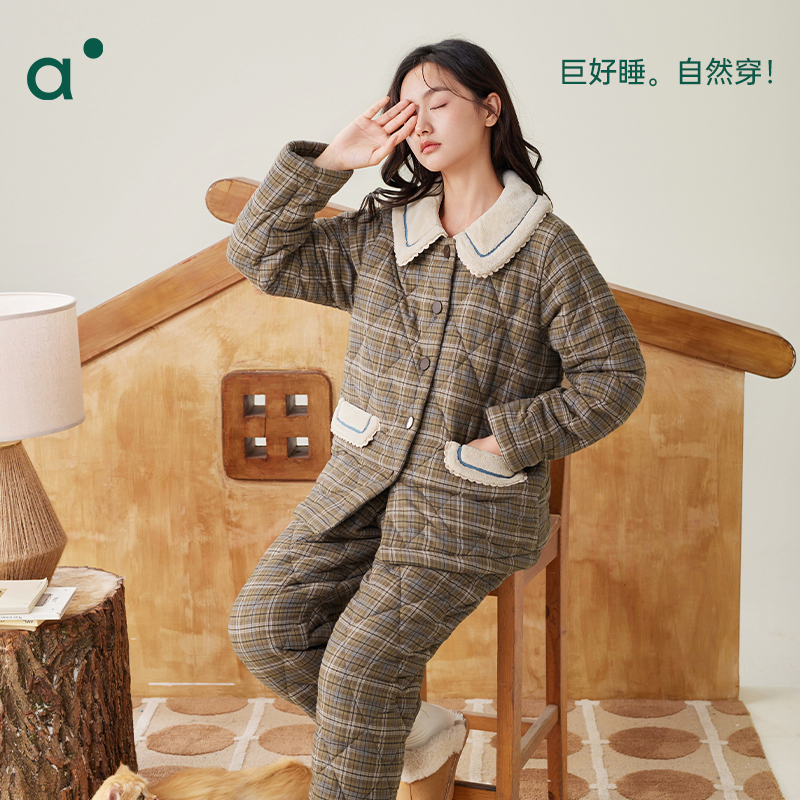 套装三层夹棉珊瑚绒安之伴睡衣女