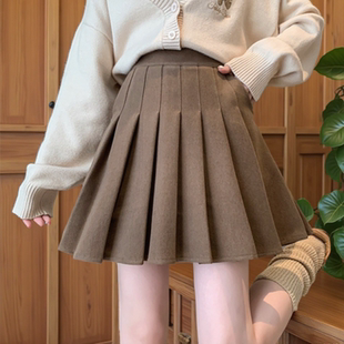 2025新款 短裙半身裙女秋冬高腰显瘦学生灰色减龄毛呢百褶a字裙子