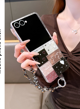 ins风拼接格纹适用三星Zflip7手机壳网红个性折叠屏W24Flip女款Zflip5小众新款手提W25flip日韩链条绳斜挎潮