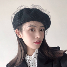 网纱贝雷帽女秋冬韩版 日系百搭英伦复古画家羊毛呢黑色八角帽子潮