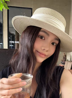 草帽女夏2026新款大檐防晒遮阳平顶法式度假风海边沙滩帽大头围男