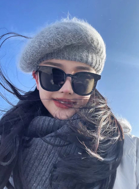兔毛针织画家贝雷帽女秋冬大头围