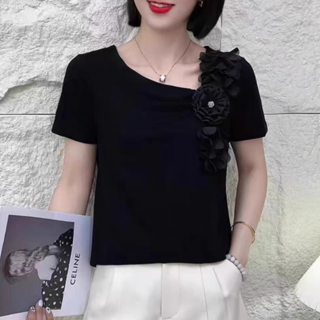 黑色时尚气质圆领短袖T恤女2025夏季新款立体花朵减龄小衫上衣潮