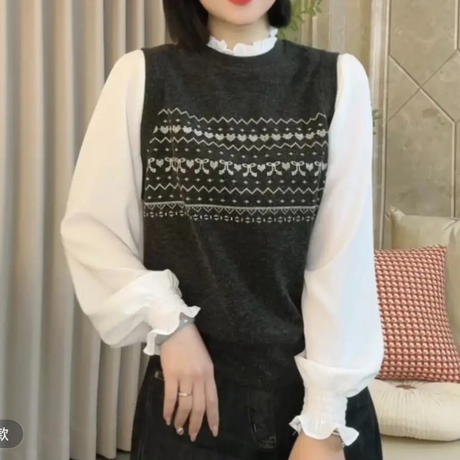 针织木耳边雪纺袖假两件衬衫2025秋冬喇叭袖上衣减龄设计感衬衣06