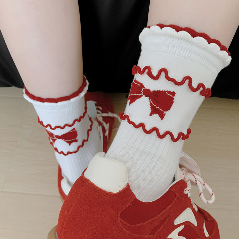 蝴蝶结袜子女中筒袜ins潮夏季薄款韩系卡通红色苹果纯棉堆堆长袜,女士内衣/男士内衣/家居服,中筒袜,淘宝优惠券,粉丝福利购,淘宝优惠卷