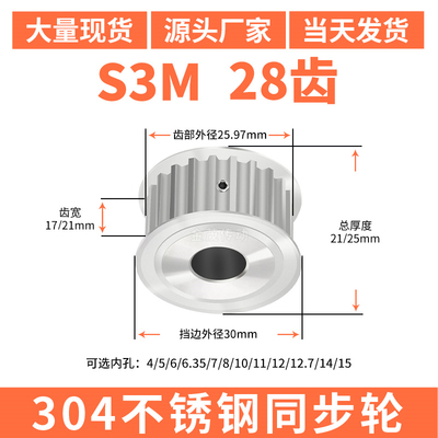 S3M28齿宽17/21同步轮内孔d5635810127同步带轮304不锈钢带轮防锈
