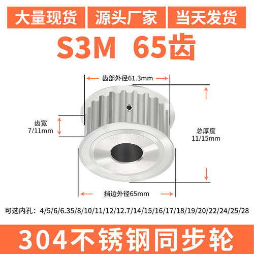 S3M65齿宽7/11同步轮内孔d14156171819同步带轮304不锈钢带轮防锈