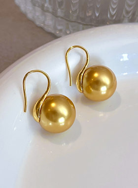 南洋金珍珠耳挂14mm超大颗金色经典款高跟鞋新款爆款耳环耳钉轻奢