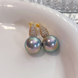 大溪地孔雀绿珍珠耳钉耳挂2025新款爆款女小众轻奢高级感镶钻耳钩