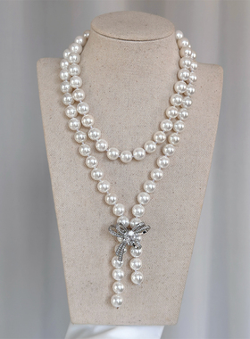 蝴蝶结珍珠项链双层叠戴多层毛衣链长款女款2025新款爆款轻奢小众