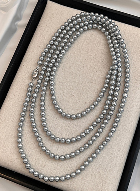 真多麻灰色珍珠项链长款女款毛衣链叠戴2025新款爆款颈链10mm配饰